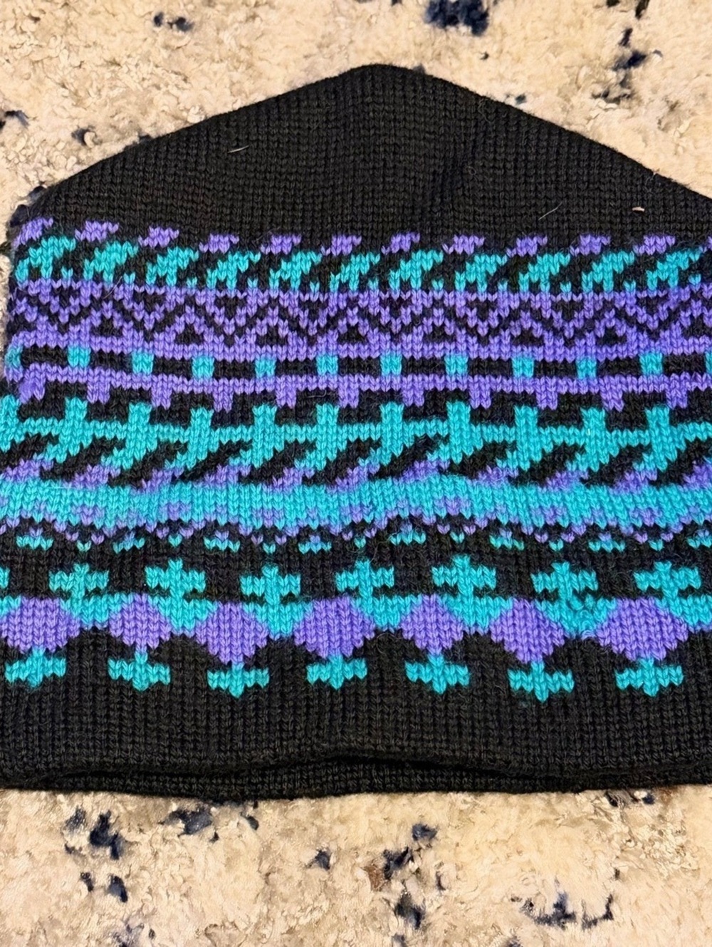 Vintage Capello Fair Isle Knit Beanie Black Teal Purple Fleece Lined Canada